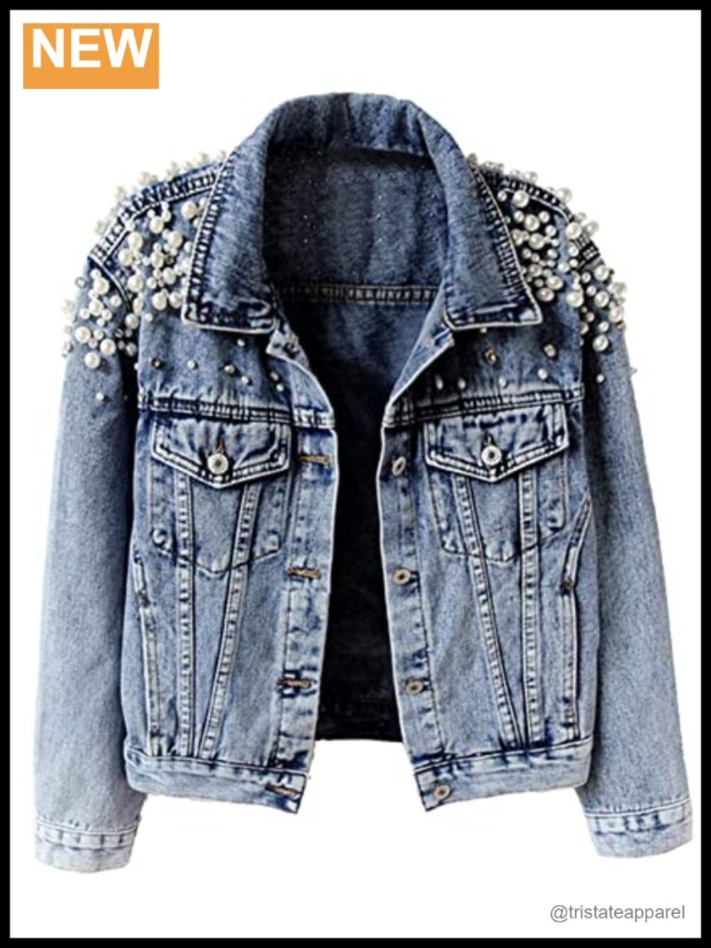 Womens Pearl Embroidered Rivet Denim Jacket Button Up Jean Coat